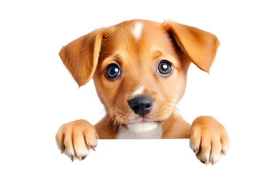 Puppy dog holding blank banner isolated on transparent background