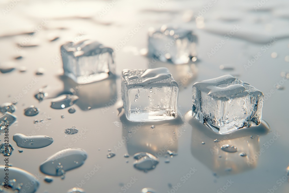 Poster ice cubes melting on a surface, creating droplets of water.
