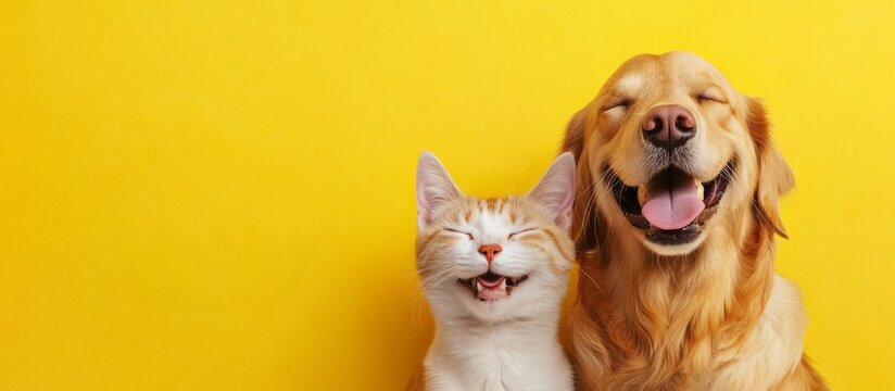 Vet banner with pets and copy space for text. Dog and cat smiling with happy expression and closed eyes. Isolated on yellow background