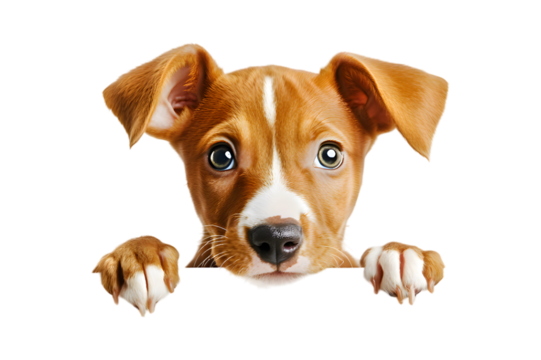 Puppy dog holding blank banner isolated on transparent background