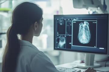 Doctor analyzing a mammogram x-ray on computer, supporting breast cancer awareness and early detection