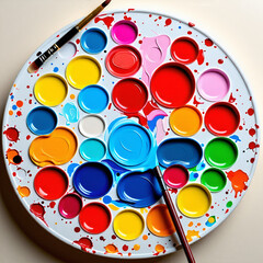 A top-down view of an artist’s paint palette with various vibrant colors mixed together.