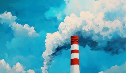 Red and white smokestack emitting clouds of smoke against a bright blue sky