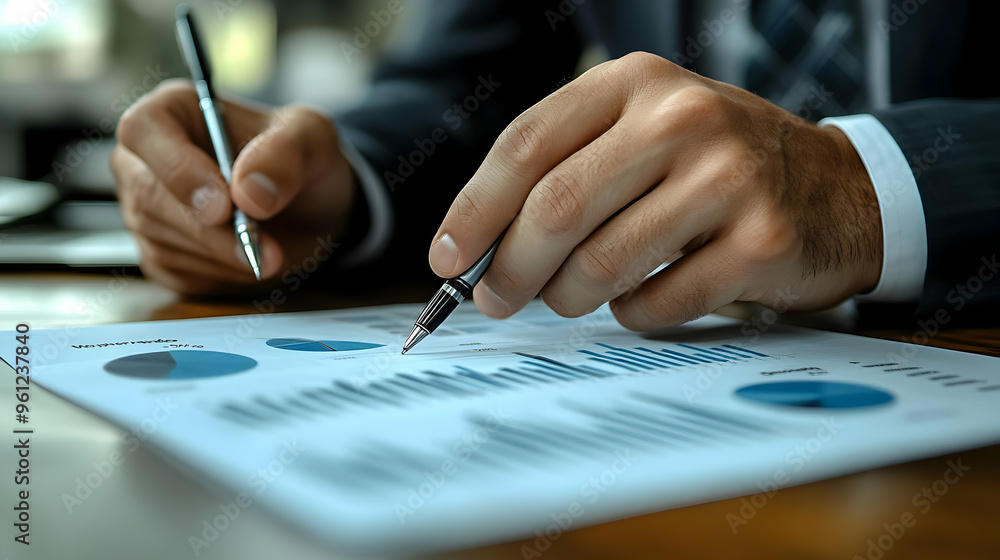 Poster a businessman analyzing charts and graphs on a document.