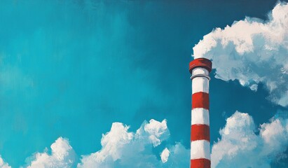 Red and white smokestack emitting clouds in a clear blue sky