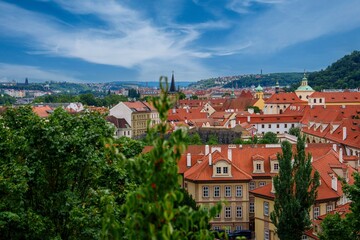 Obraz premium This beautiful cityscape of Prague features the iconic red-tiled roofs of the historic old town, framed by lush green trees under a bright blue sky. A perfect image for travel and tourism.