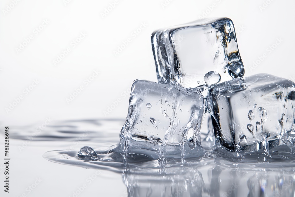 Poster ice cubes stacked on a reflective surface, creating a cool, refreshing aesthetic.
