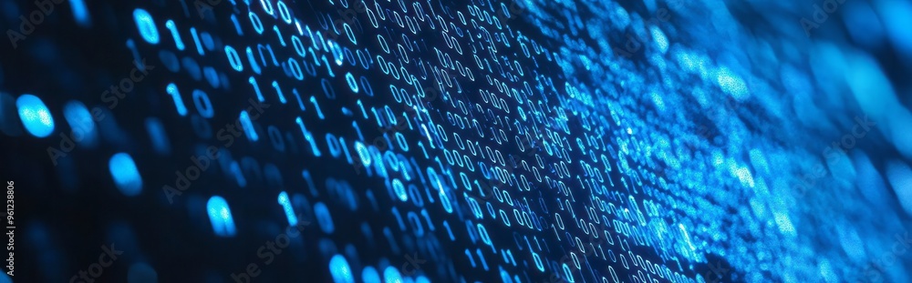 Poster Blue digital binary data on computer screen banner