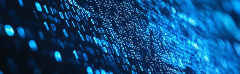 Blue digital binary data on computer screen banner