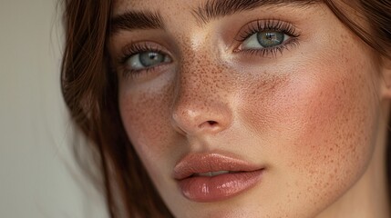Close-up of a Woman's Face with Freckles and Soft Makeup