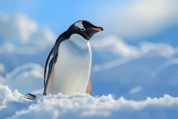 Obraz premium Elegant Penguin Standing on Snow-Covered Hills in Antarctica with Clear Blue Sky Background