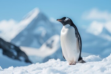 Naklejka premium Elegant Penguin Standing on Snow-Covered Hills in Antarctica with Clear Blue Sky Background