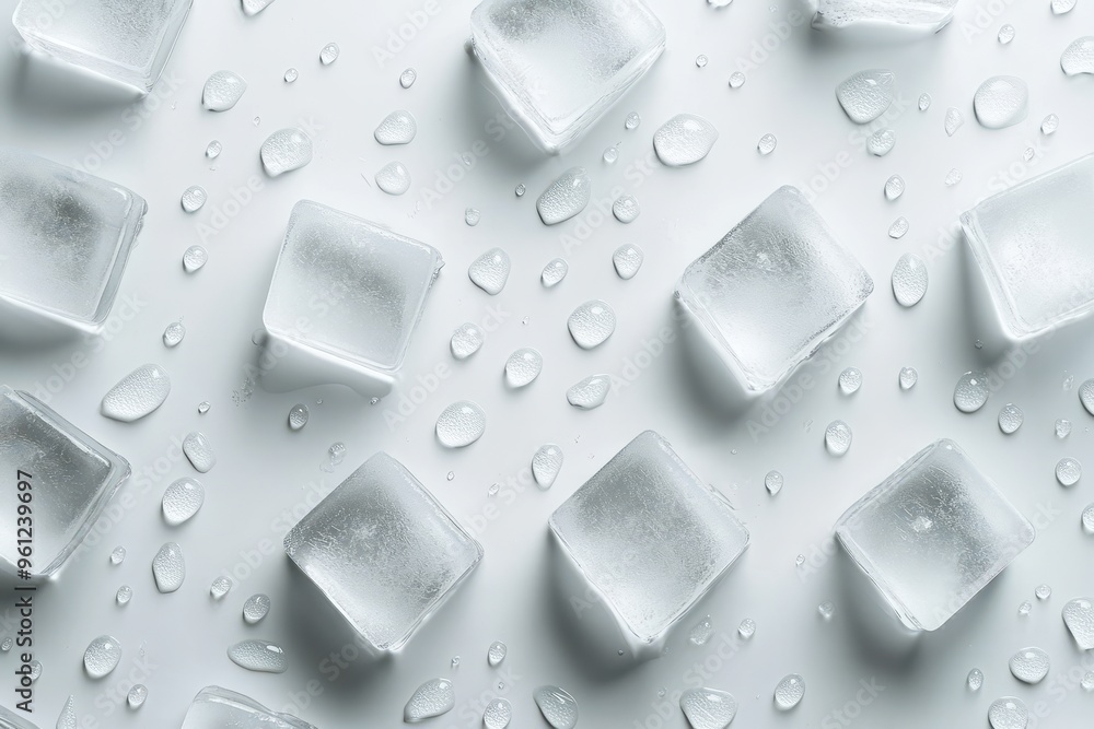 Poster ice cubes with water droplets on a light surface, creating a refreshing aesthetic.