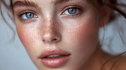 Fototapeta premium Close-up Portrait of a Young Woman with Freckles and Rosy Cheeks