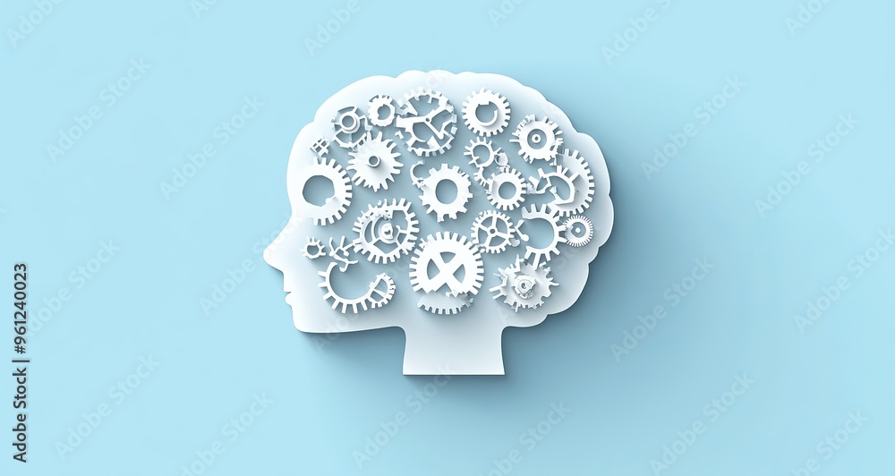 Poster human head in cloud shape with interconnected gears representing intelligence and thought process