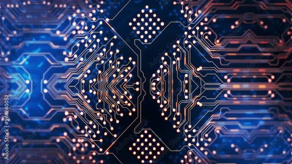 Poster abstract circuit board animation with glowing lines and dots over dark background