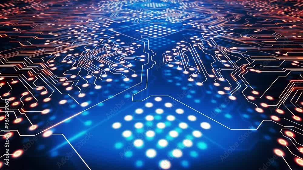 Poster circuit board animation with glowing lights and intricate patterns