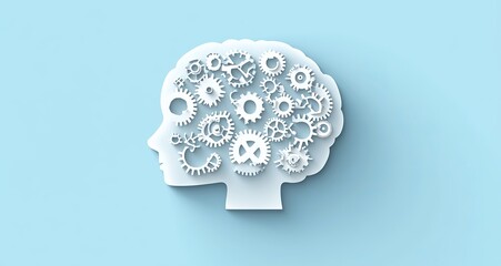 Human head in cloud shape with interconnected gears representing intelligence and thought process
