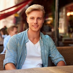 handsome young blond Caucasian man seated in a cafe outdoors