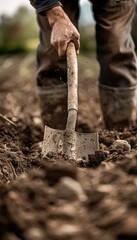 Fototapeta premium Close up of a farmer digging soil with a spade, showcasing hard work and farming connection