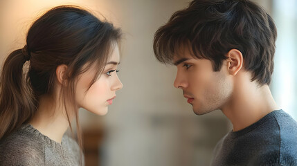 A close-up of two young people gazing intently at each other.