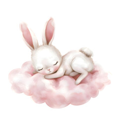 Obraz premium Light Pink rabbit bunny sleeping in cloud watercolor cartoon illustration isolated on transparent background