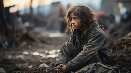 Fototapeta premium Homeless child crying for his family / Military soldiers killed her family and they destroyed their houses
