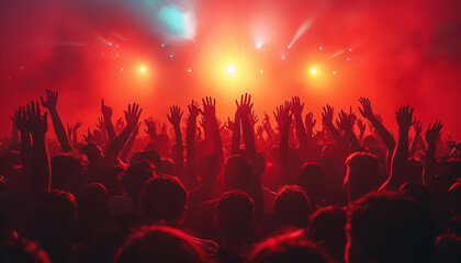 Large group of people at a concert party cheering, back view,silhouette