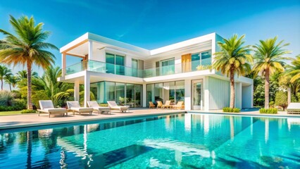 Fototapeta premium A luxurious, modern villa is showcased, featuring sleek white architecture with clean lines and large glass windows that reflect the bright blue sky.