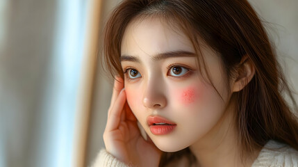 A close-up portrait of a young woman with soft features and makeup.