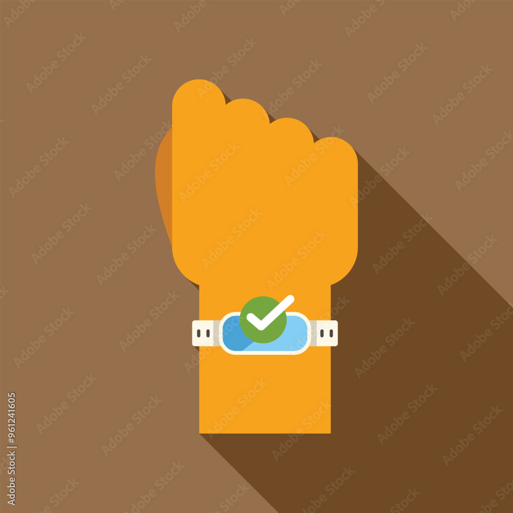 Poster cartoon style vector illustration of a hand with a smart watch displaying a check mark icon on the s