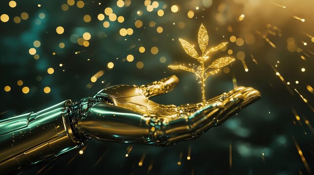 ecotech innovation sustainability development, futuristic elegant robot gold hand holding an gold ancient seedling, illuminated by soft LED neon lights beam against the backdrop of advanced technology