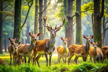 Fototapeta premium A herd of deer stands alert in a lush, green forest, their spotted coats blending into the natural environment, emphasizing serenity and wilderness