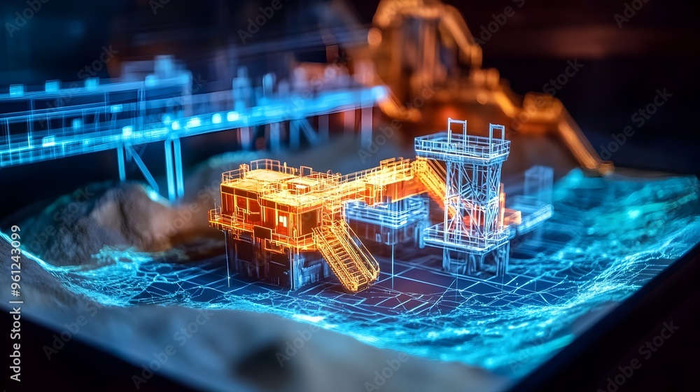Poster holographic projection of a 3d model showcasing an automated underground mining with advanced machin
