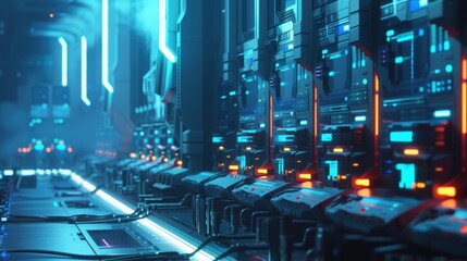 Futuristic Data Center Server Room with Blue Lighting