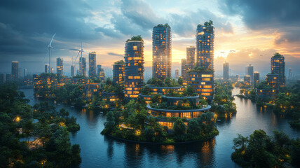 Naklejka premium A vibrant and dynamic image of a modern cityscape with wind turbines and solar panels integrated into the buildings.