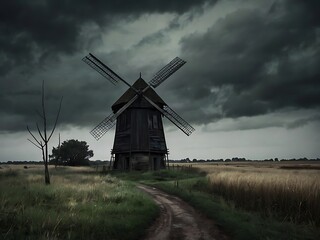 Fototapeta premium Large windmill on a rural farm in a dark theme landscape view