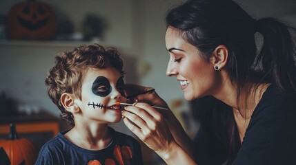 A mom is putting Halloween makeup on her son.