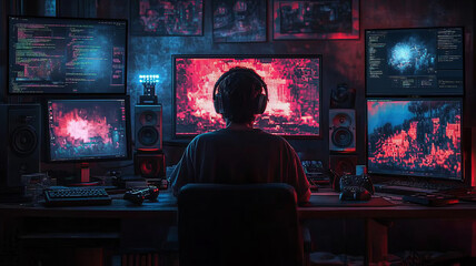 A programmer coding a video game in a dimly lit room, multiple screens displaying game development software and colorful pixel art,