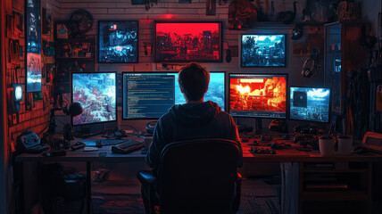 A programmer coding a video game in a dimly lit room, multiple screens displaying game development software and colorful pixel art,