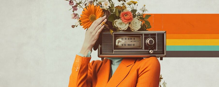 Creative surreal portrait of woman with retro radio and floral head in orange suit
