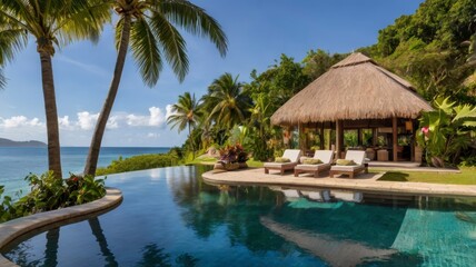 Tropical retreat with palm-fringed infinity pool and thatched cabana