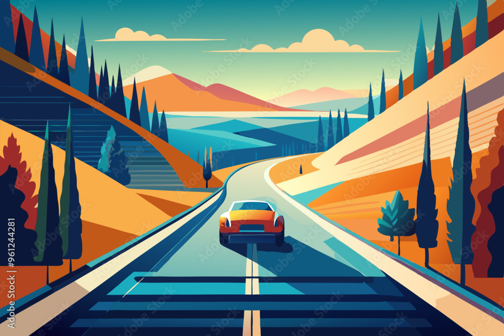 Wall mural car on road trip with mountains in the background flat illustration