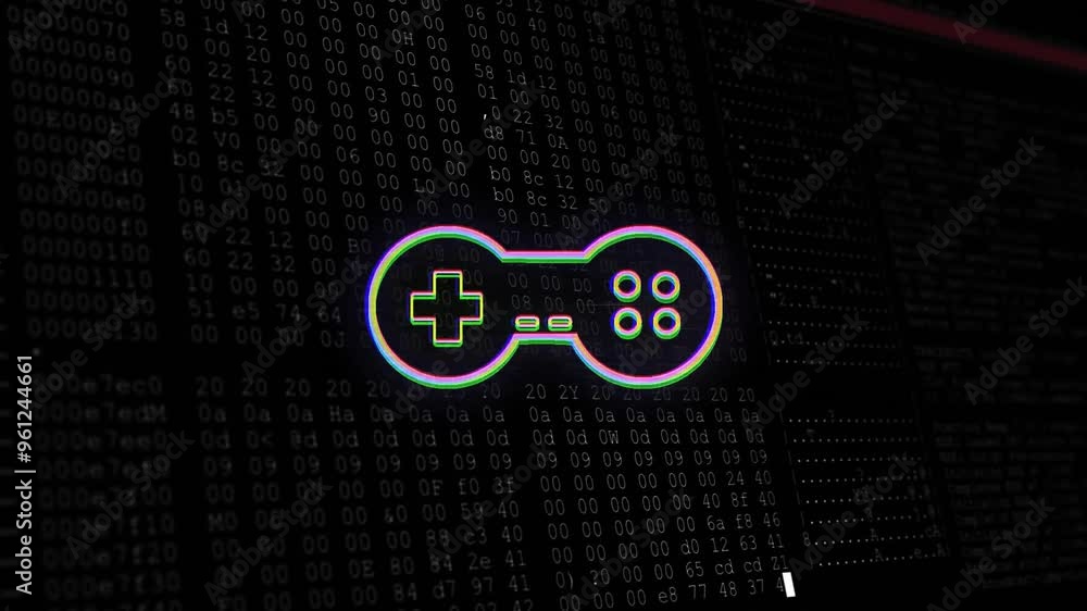 Poster game controller animation over binary code background