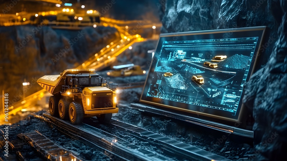 Poster a holographic projection showcasing the use of self driving vehicles for transporting raw materials 