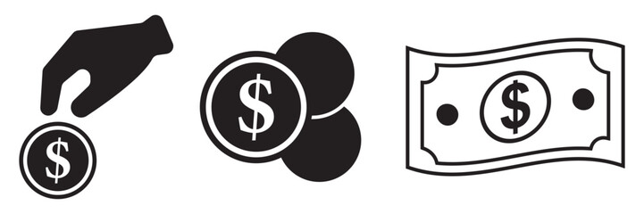 Finance icons. Business Icons, money signs. Money silhouette collection. Wallet with cards icon. Coins silhouette icon. Growth chart. Moneybag or stash. Piggy bank flat style - stock vector.