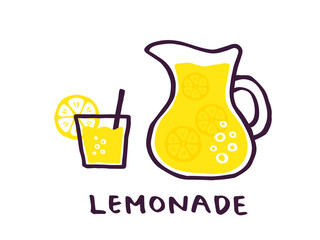 かわいいレモンとレモネードとLemon文字セット／手書き文字ベクターイラスト