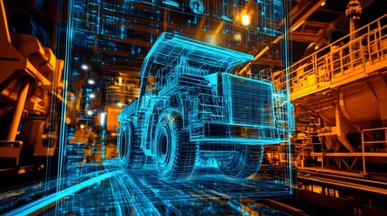 A futuristic holographic display showcasing the seamless of intelligence and machine learning technologies in predictive maintenance systems for mining and industrial equipment