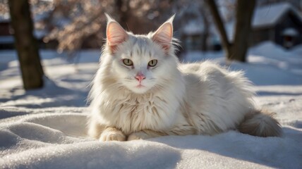 Turkish Angora cat lying in snow under winter sunlight