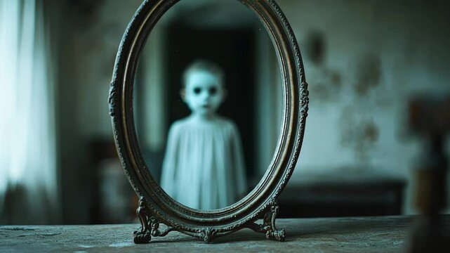 A ghostly child reflected in a vintage mirror in a dark, eerie room, ideal for Halloween or horror-themed content